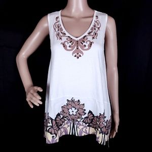 LA Blend Women Top Blouse Beaded Sequin Floral V-neck White Brown Size M - NWT